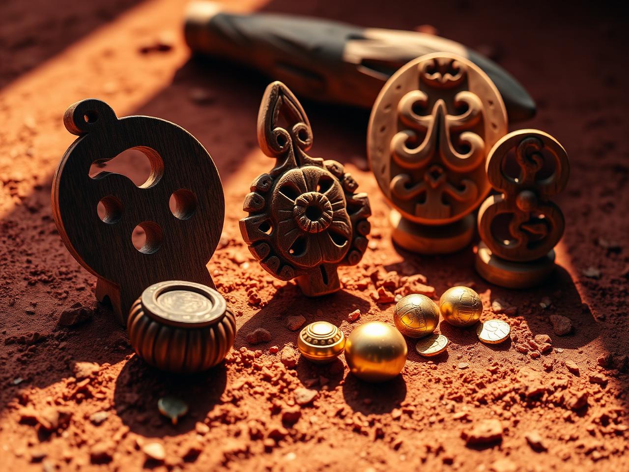 Adinkra wood symbols and gold weights on red earth
