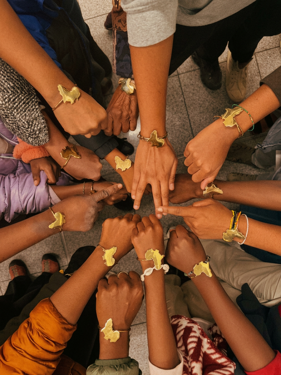 Circle of hands wearing beaded bracelets