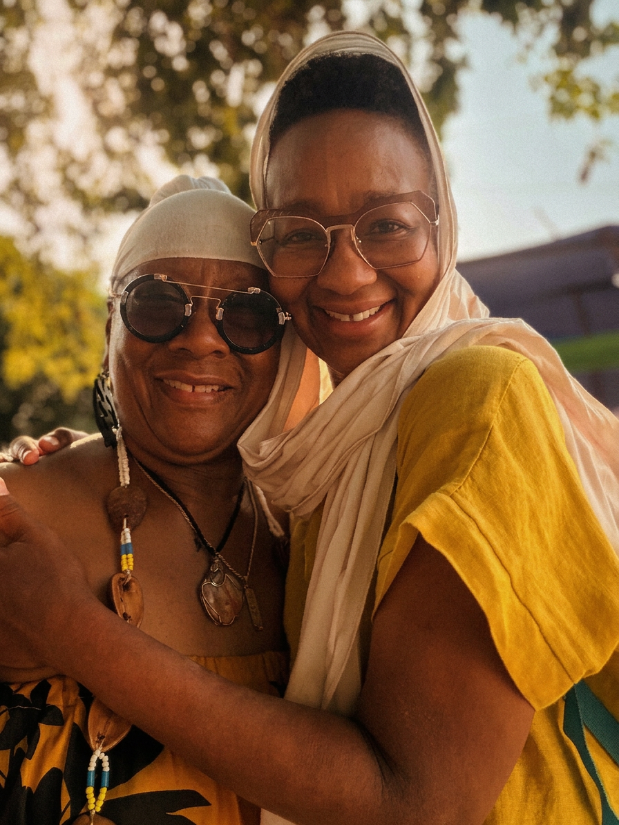 Two elder women in heritage dress embracing